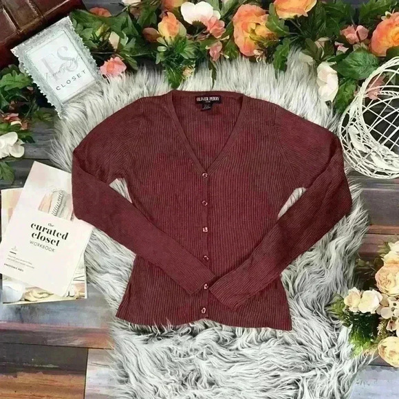 Oliver Perry 100% Silk Rustic Sun Red Ribbed Button Down Cardigan Shirt, PS - Picture 4 of 11